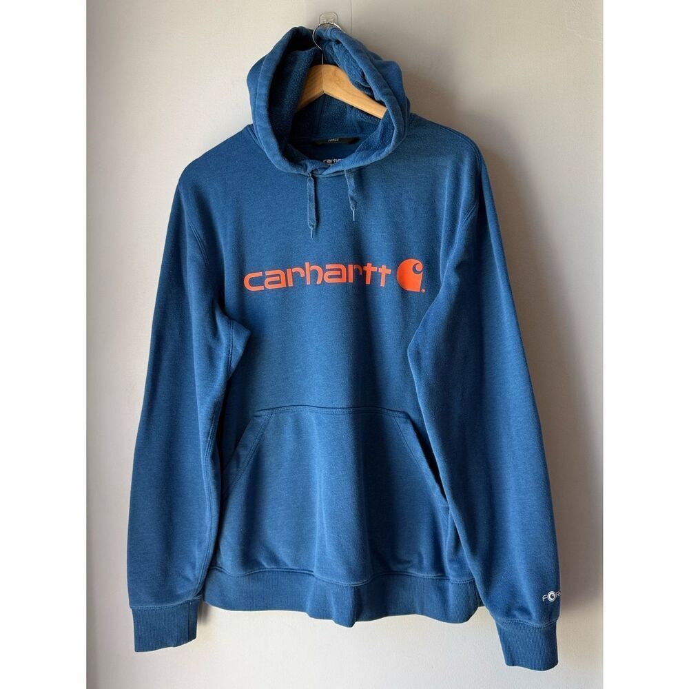Carhartt Spellout Mens Hoodie Pullover Sweatshirt Blue Force Workwear Large